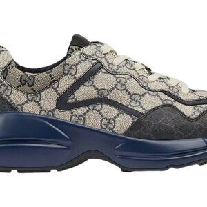 GUCCI RHYTON NAVY BLUE GG MONOGRAM BEIGE ATHLETIC RUBBER SHOES